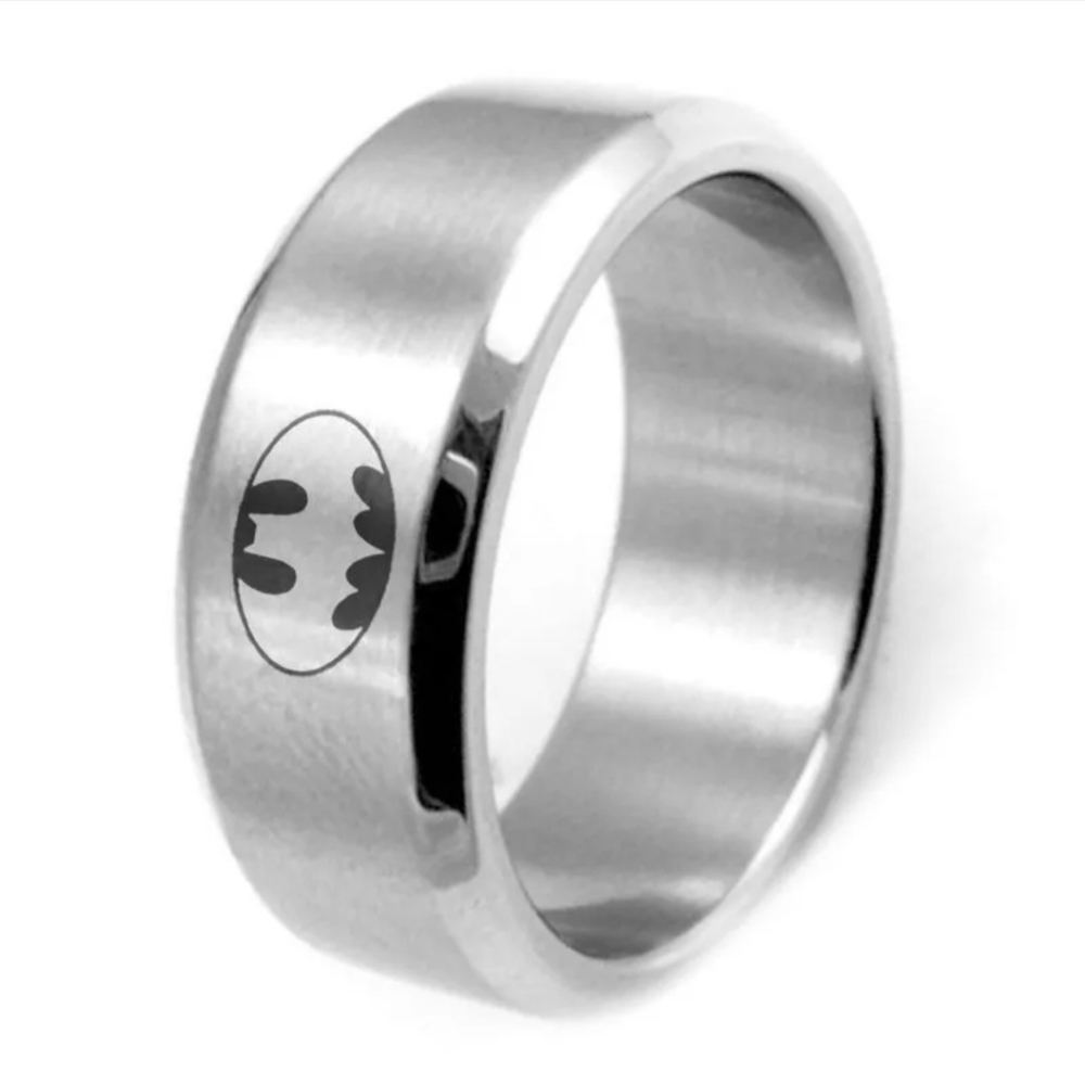 Silver Stainless Steel BATMAN Insignia Emblem Stamped 8mm Band Ring